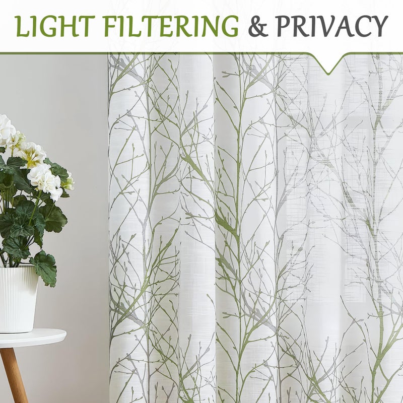 FMFUNCTEX Sidelight Sheer French Door Curtains 72 Inches Long White, Green and Grey Print Branch Semi-Sheer Door Panels for Front Patio Door 24 Inches Wide 2 Panels Set - Image 3